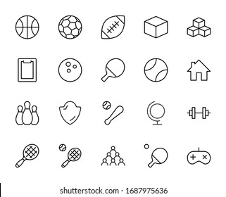 Set of Sports balls, hobbies, entertainment vector line icons. It contains symbols of football, basketball, bowling, tennis and much more. Editable Stroke. 32x32 pixels.