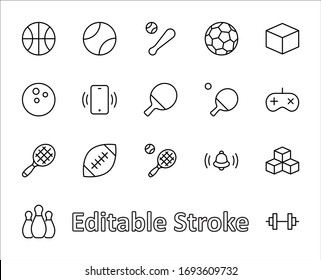 Set of Sports balls, hobbies, entertainment vector line icons. It contains symbols of football, basketball, bowling, tennis and much more. Editable Stroke. 32x32 pixels.