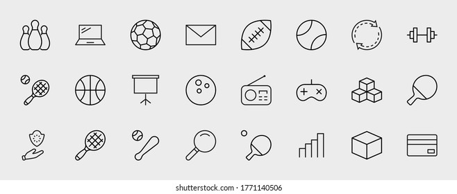 Conjunto de bolas deportivas, hobbies, iconos de la línea vectorial de entretenimiento. Contiene símbolos de fútbol, baloncesto, boliche, tenis y mucho más. Stroke editable. 32x32 píxeles.