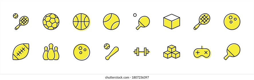 Set of Sports balls, hobbies, entertainment vector line icons. It contains symbols of football, basketball, bowling, tennis and much more. Editable Stroke. 32x32 pixels.