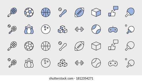 Set of Sports balls, hobbies, entertainment vector line icons. It contains symbols of football, basketball, bowling, tennis and much more. Editable Stroke. 32x32 pixels.