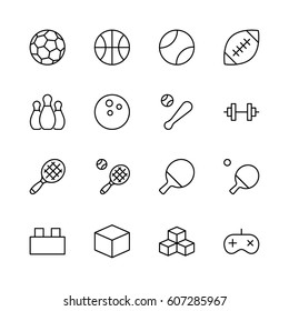 Set of sports balls, hobbies, entertainment vector line icons. It contains symbols of football, basketball, bowling, tennis and much more. Editable move. 32x32 pixels.