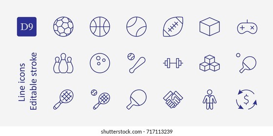 Set of sports balls, hobbies, entertainment vector line icons. It contains symbols of football, basketball, bowling, tennis and much more. Editable move. 32x32 pixels.