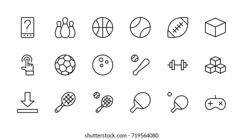 Set of sports balls, hobbies, entertainment vector line icons. It contains symbols of football, basketball, bowling, tennis and much more. Editable move. 32x32 pixels.