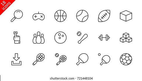 Set of sports balls, hobbies, entertainment vector line icons. It contains symbols of football, basketball, bowling, tennis and much more. Editable move. 32x32 pixels.