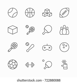 Set of sports balls, hobbies, entertainment vector line icons. It contains symbols of football, basketball, bowling, tennis and much more. Editable move. 32x32 pixels.