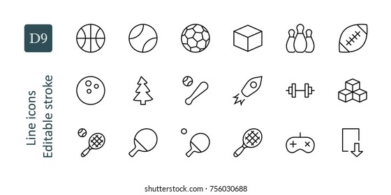 Set of sports balls, hobbies, entertainment vector line icons. It contains symbols of football, basketball, bowling, tennis and much more. Editable move. 32x32 pixels.