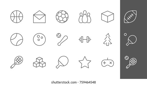 Set of sports balls, hobbies, entertainment vector line icons. It contains symbols of football, basketball, bowling, tennis and much more. Editable move. 32x32 pixels.