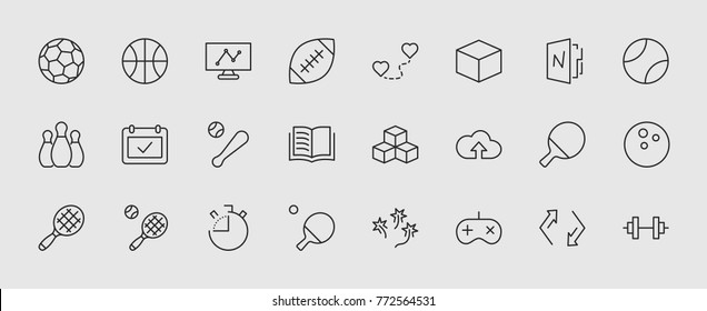 Set of sports balls, hobbies, entertainment vector line icons. It contains symbols of football, basketball, bowling, tennis and much more. Editable move. 32x32 pixels.