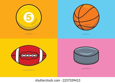 Set of Sports Balls, Hockey Puck, American Football Ball, Billiard Balls, Basketball vector illustration. Sports objects icon concept. Sports game equipment icon collection vector design.