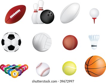 set of sports balls icons on white background