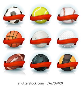 Set Of Sports Balls With Red Banners.
Illustration of a set of popular sports balls and equipment, for football, soccer, rugby, tennis, volleyball, with red banners for teams and clubs emblems