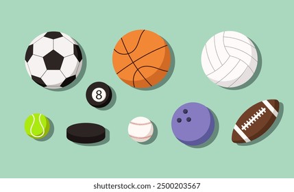 Conjunto de pelotas deportivas para fútbol, baloncesto, voleibol, béisbol, fútbol americano, bolos, billar, hockey, tenis. Ilustración vectorial.