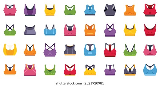 Conjunto de ícones de sutiã esportiva mostrando diferentes cores e designs para trabalhar ou fazer outras atividades de fitness