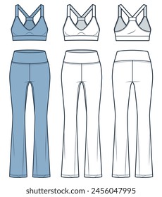 Set of Sports Bra and Leggings technical fashion illustration.Flared Leggings, Crop Top fashion flat technical drawing template, slim fit, front and back view, white, blue, women CAD mockup set.