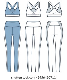 Set of Sports Bra and Leggings technical fashion illustration. Leggings, Crop Top fashion flat technical drawing template, slim fit, front and back view, white, blue, women CAD mockup set.