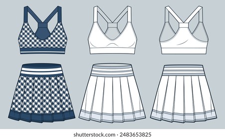 Set of Sports Bra, Skirts technical fashion illustration, houndstooth pattern. Pleated Skirt fashion flat technical drawing template, mini, slim fit, front and back view, white, blue, women CAD mockup