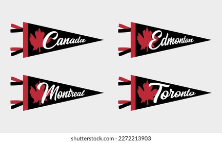 Set of sports Canada team pennants. Retro sports colors labels. Vintage hand drawn wanderlust style. Isolated on white background. Edmonton, Montreal, Toronto.