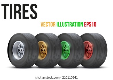 Set of sports car colorful wheels. Vector illustration isolated on white background
