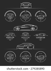 Set of sports car service, club, shop, garage labels, badges, emblems and design elements in vintage style. Vector illustration