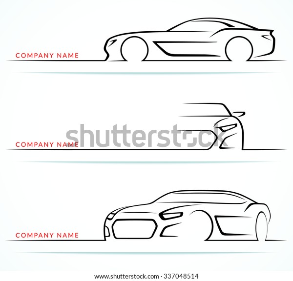Set of sports car\
silhouettes isolated on white background. Front, 3/4 and side\
views. Vector illustration