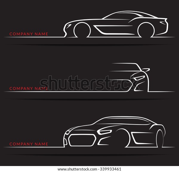 Set of sports car\
silhouettes isolated on black background. Front, 3/4 and side\
views. Vector illustration