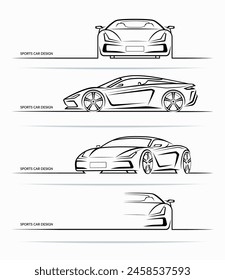 Set of sports car silhouettes, outlines, contours with place for company name, text, title. Front, side, perspective view of a supercar. Can be used as a part of an emblem, label, icon. Vector