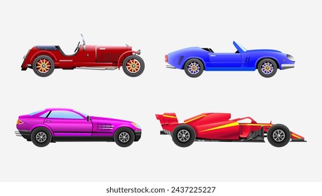 Set of sports cars from different years on a white background. Vector realistic illustration