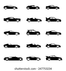 Set of sports cars, racing cars icons. Race, sport, rally, dakar, taxi,  transportation vector icons, silhouette, black. Cars icons set.