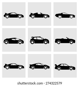 Set of sports cars, racing cars icons. Race, sport, rally, dakar, taxi, transportation vector icons, silhouette, black. Cars icons set.