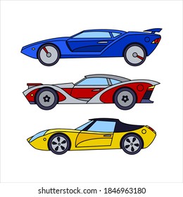 Set of sports cars. Retro cars. Colored icons. Vector illustration