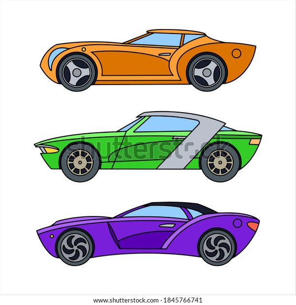 Set of sports cars. Sedan cars. Colored\
icons. Vector illustration