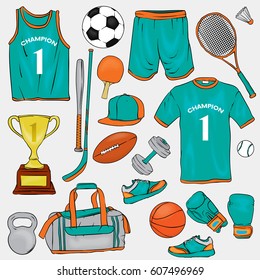 A set of sports clothes and items for different sports. T-shirt, shorts, sneakers, bag, football and basketballs, volan, tennis rackets, cap, boxing gloves and goblet.