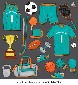 A set of sports clothes and items for different sports. T-shirt, shorts, sneakers, bag, football and basketballs, volan, tennis rackets, cap, boxing gloves and goblet.