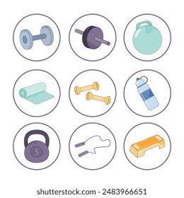 A set of sports colored icons. Fitness, sports, sport equipment.