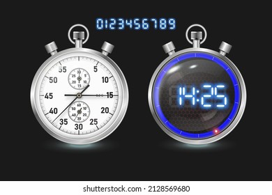 A set of sports digital and analog stopwatches. Stock vector illustration.