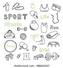 Set of sports doodles elements. Hand draw icons.