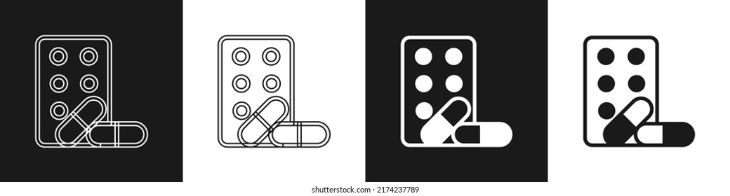 Set Sports Doping, Anabolic Drugs With Dumbbell Icon Isolated On Black And White Background. Anabolic Steroids Tablet. Pills In Jar.  Vector