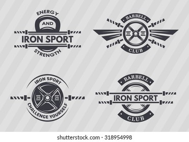 Set of sports emblems on the topic of fitness, bodybuilding, cross training. Monochrome vintage style.