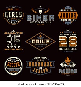 Set of sports emblems. Skateboard, racing, baseball, soccer, rugby. Graphic design for t-shirt. Color print on black  background