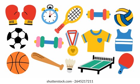 Set of sports equipment and accessories. Includes boxing gloves, stopwatch, dumbbells, balls, rackets, jersey, and more. Perfect for fitness, training, school, and sports-related designs.