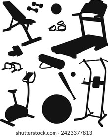 set of sports equipment black silhouette vector