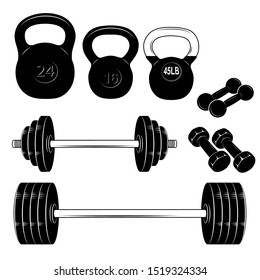 Set of sports equipment. Black and white sketches of dumbbells, kettlebells and barbells.