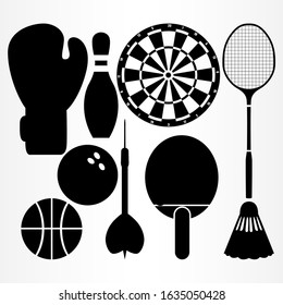Set of sports equipment. Boxing glove, bowling pin, bowling ball, ping pong and badminton rackets, shuttlecock, etc. Vector illustration.