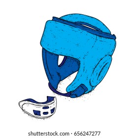 A set of sports equipment. Boxing helmet and guard for teeth. Vector illustration.