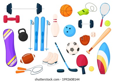 Set of sports equipment in cartoon style. Vector collection of items for sports. Isolated on white background. Barbells, balls, dumbbells, rackets