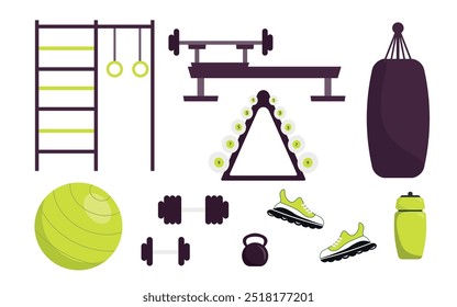 Set of sports equipment in cartoon style. Vector illustration: Swedish wall, barbell, exercise machine, punching bag, sneakers, fitness ball, bottle, kettlebell, sneakers isolated on white background.