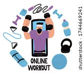 Set of sports equipment and a coach in a smartphone. Online workout concept. Dumbbell, kettlebell, jump rope, chest expander, mat, fitness ball, ankle weights. Vector illustration isolated on white.