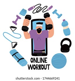 Set of sports equipment and a coach in a smartphone. Online workout concept. Dumbbell, kettlebell, jump rope, chest expander, mat, fitness ball, ankle weights. Vector illustration isolated on white.