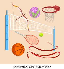 Set of sports equipment different kinds of sports. Vector full color illustrations.